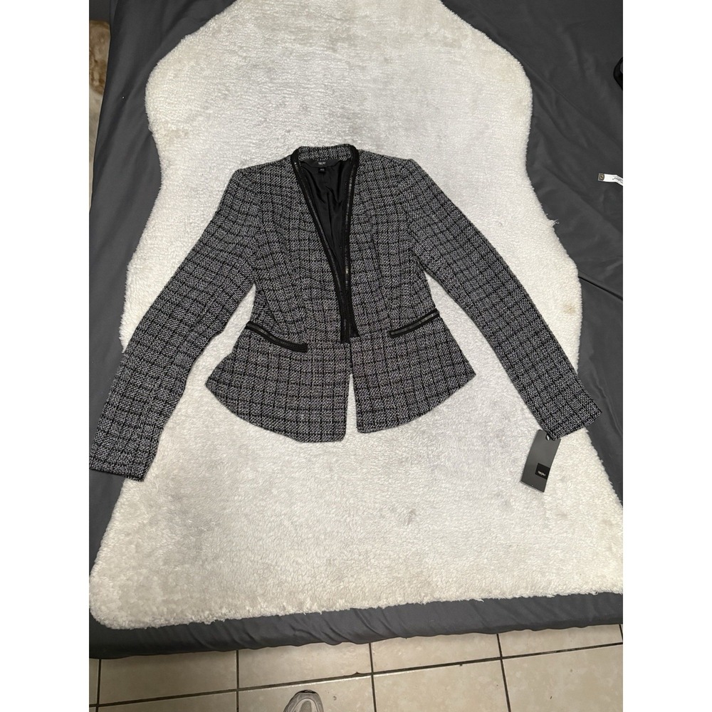 NWT Mossimo XS Tweed Blazer Jacket Black White Faux Leather Trim Open Front New